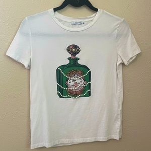 Zara T Shirt with perfume graphic and pearl embellishments